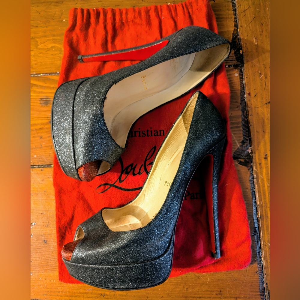 Christian Louboutin Black Sparkle Peep Toe Platform Pumps